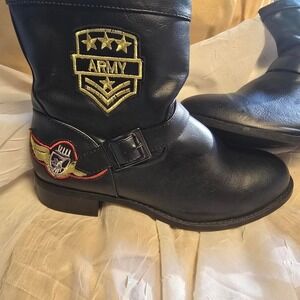 Lovesick Black Army Patch Moto Boots Faux Leather Military Buckle Side Zip 8W